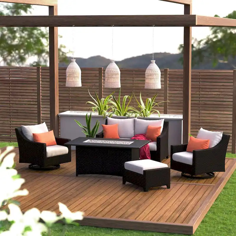 Ensemble de feu Deco 5 pièces Sunbrella pour patio, avec causeuse et fauteuil de club à mouvement