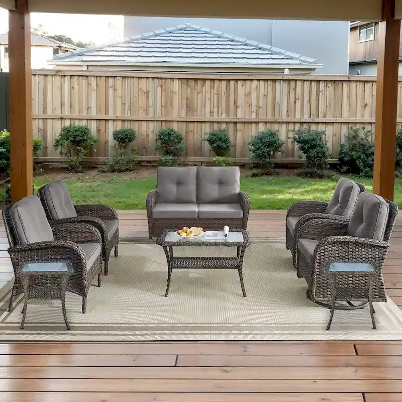 Outdoor Glider Sofa with Rocking Chair, Club Chair set of 8 - Brown