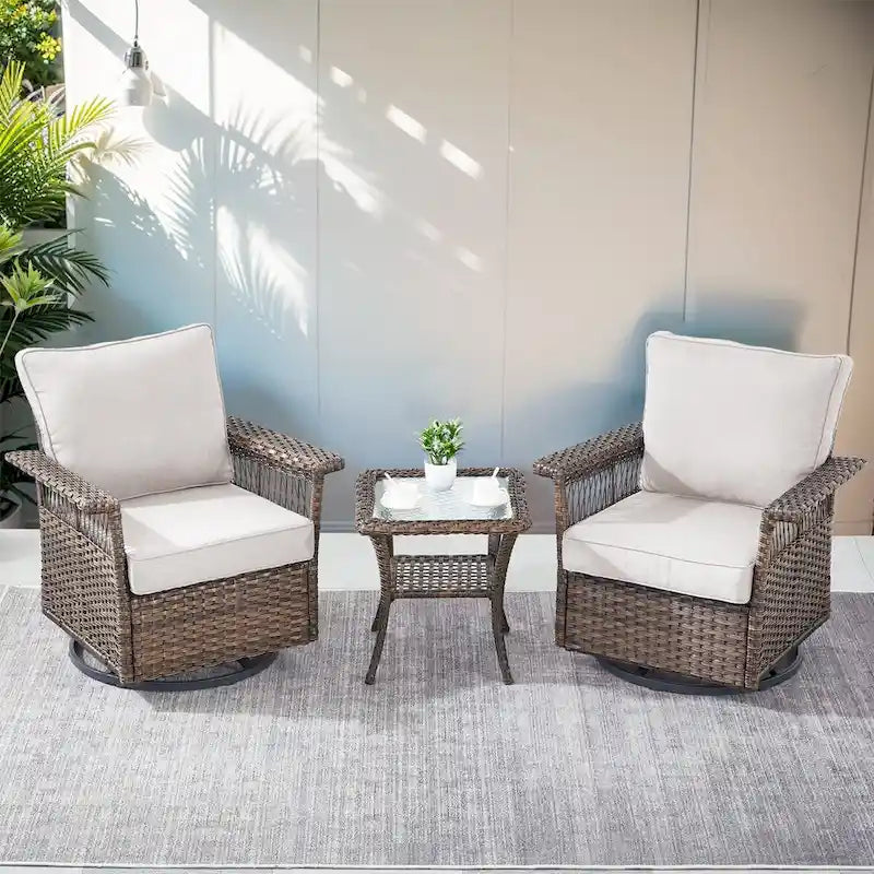 3 Piece Wicker Swivel Chair Patio Bistro Set - Brown