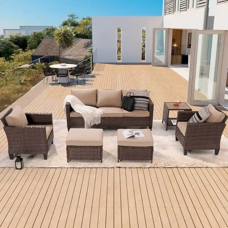 BONOSUKI 6Pcs Furniture Conversation PE Brown Rattan Patio Sofa Set