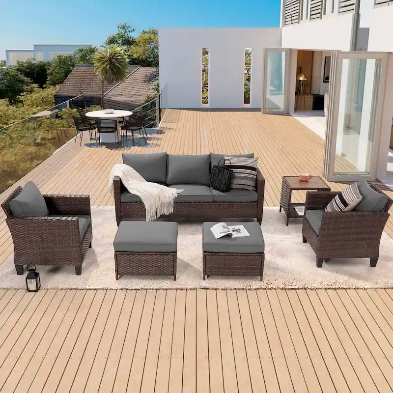BONOSUKI 6Pcs Furniture Conversation PE Brown Rattan Patio Sofa Set