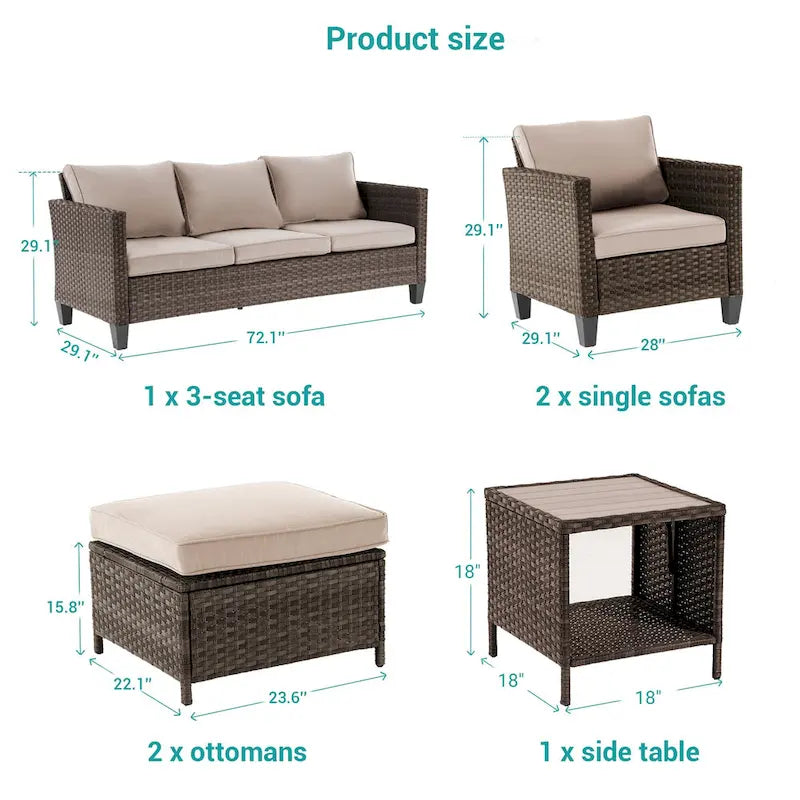 BONOSUKI 6Pcs Furniture Conversation PE Brown Rattan Patio Sofa Set