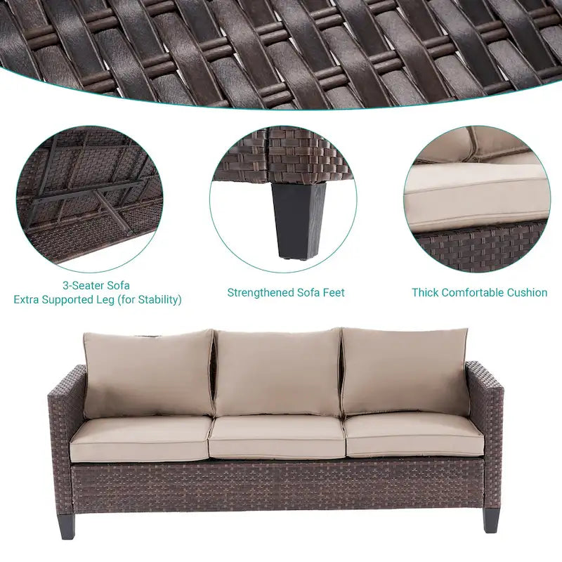 BONOSUKI 6Pcs Furniture Conversation PE Brown Rattan Patio Sofa Set