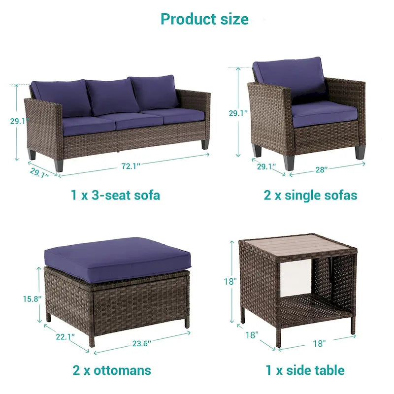 BONOSUKI 6Pcs Furniture Conversation PE Brown Rattan Patio Sofa Set