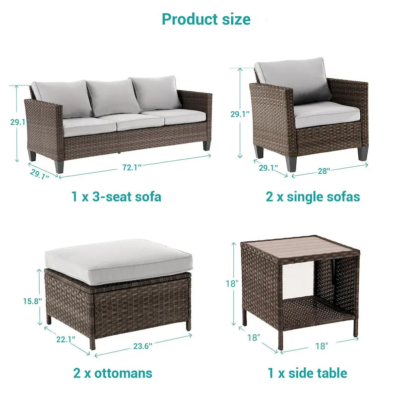BONOSUKI 6Pcs Furniture Conversation PE Brown Rattan Patio Sofa Set