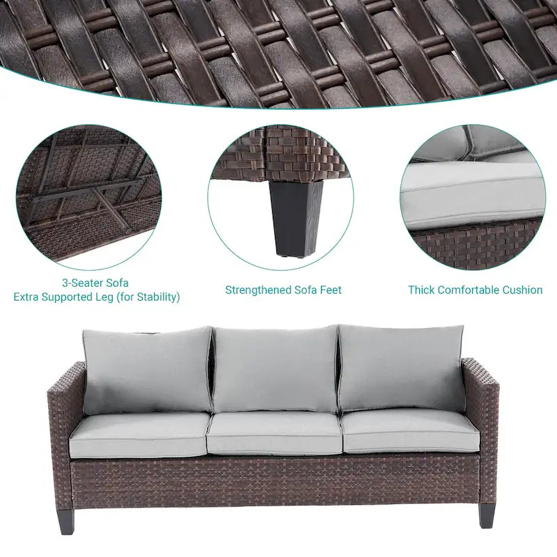 BONOSUKI 6Pcs Furniture Conversation PE Brown Rattan Patio Sofa Set