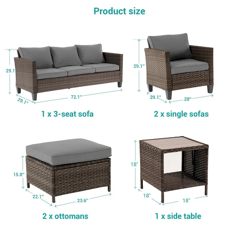 BONOSUKI 6Pcs Furniture Conversation PE Brown Rattan Patio Sofa Set