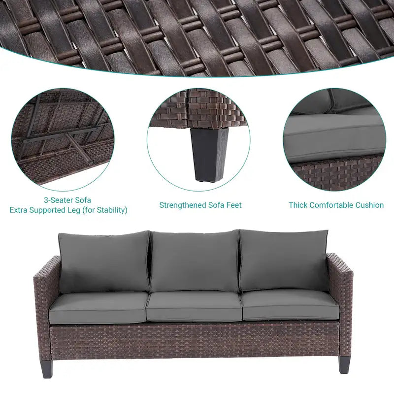 BONOSUKI 6Pcs Furniture Conversation PE Brown Rattan Patio Sofa Set