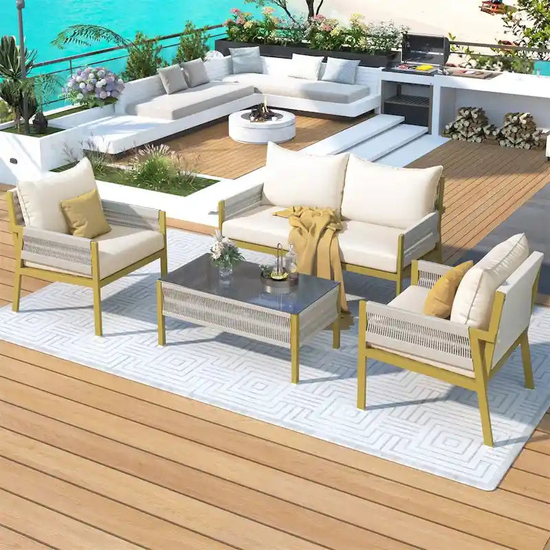 Ensemble de meubles de jardin en corde, mobilier d'extérieur avec table en verre trempé
