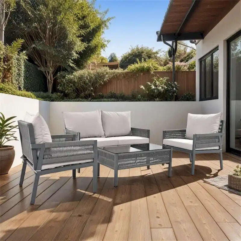 Rope Patio Furniture Set,Outdoor Furniture with Tempered Glass Table