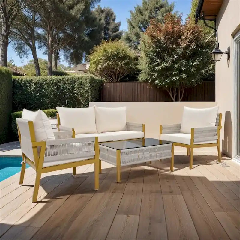 Ensemble de meubles de jardin en corde, mobilier d'extérieur avec table en verre trempé