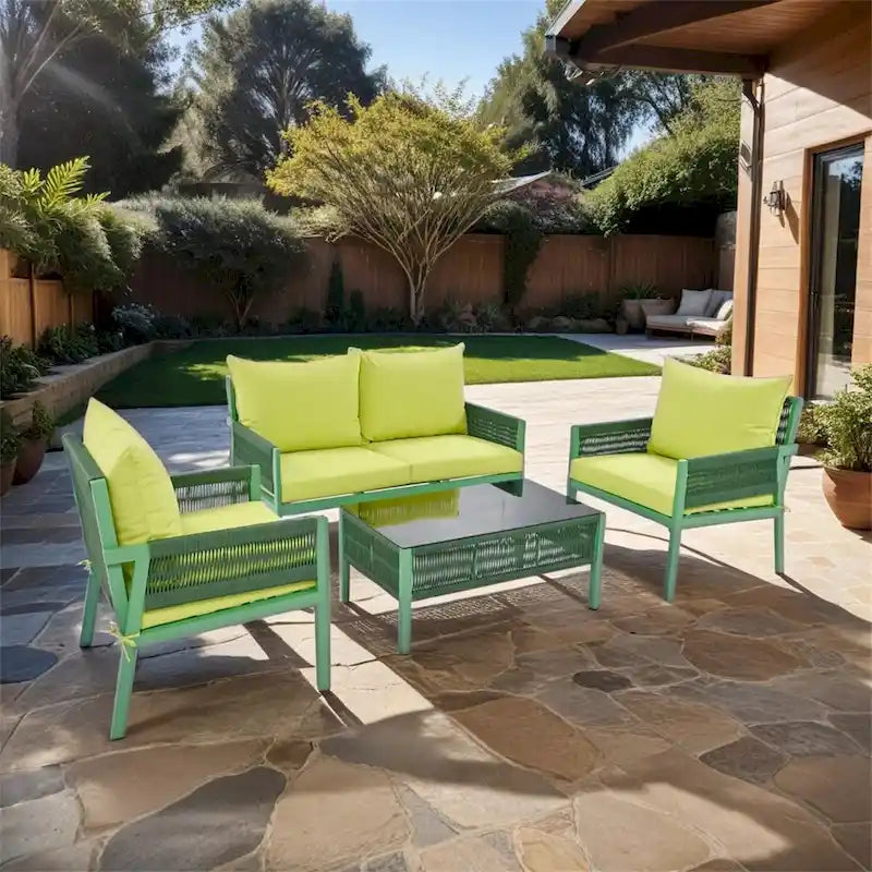 Ensemble de meubles de jardin en corde, mobilier d'extérieur avec table en verre trempé
