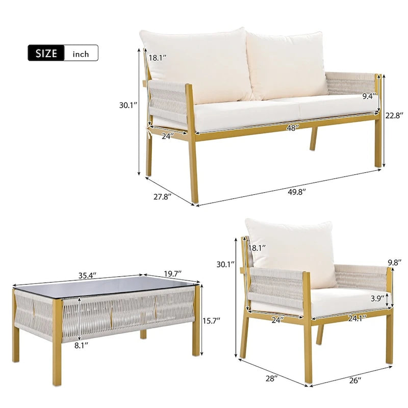 Ensemble de meubles de jardin en corde, mobilier d'extérieur avec table en verre trempé