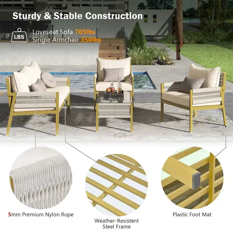 Ensemble de meubles de jardin en corde, mobilier d'extérieur avec table en verre trempé
