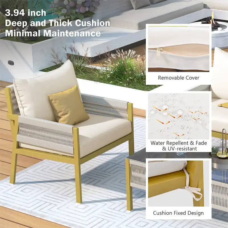Ensemble de meubles de jardin en corde, mobilier d'extérieur avec table en verre trempé
