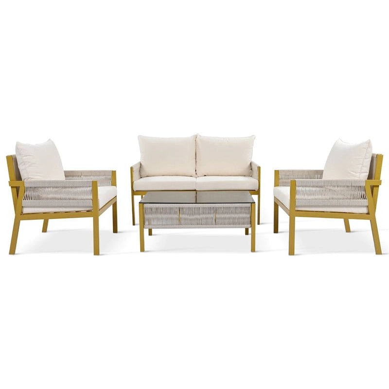 Ensemble de meubles de jardin en corde, mobilier d'extérieur avec table en verre trempé