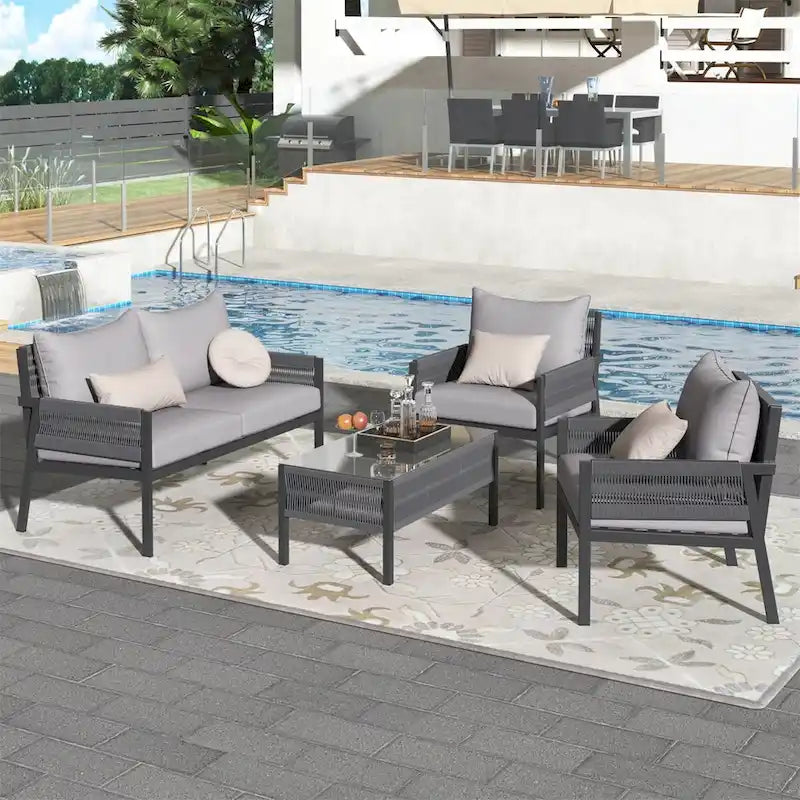 Ensemble de meubles de jardin en corde, mobilier d'extérieur avec table en verre trempé