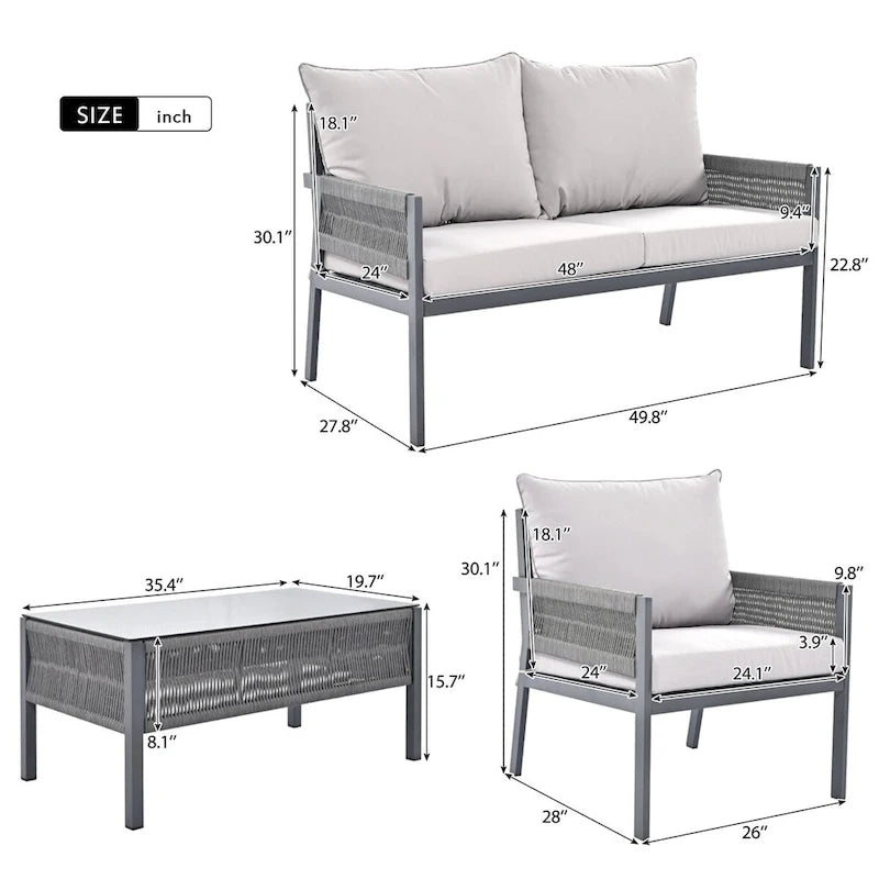 Ensemble de meubles de jardin en corde, mobilier d'extérieur avec table en verre trempé
