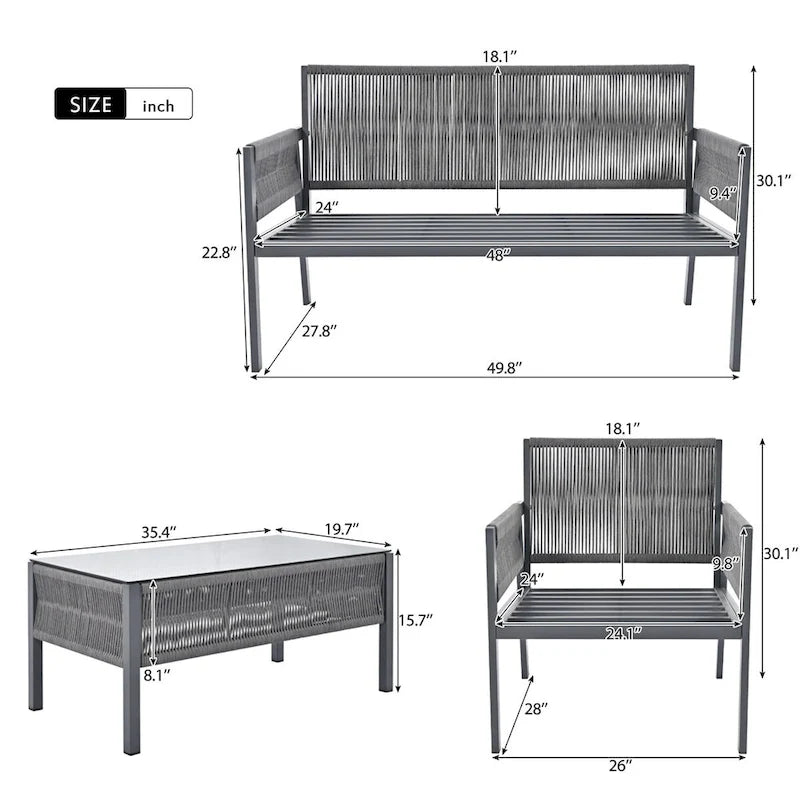 Ensemble de meubles de jardin en corde, mobilier d'extérieur avec table en verre trempé