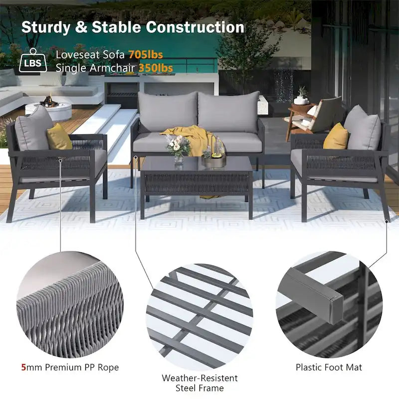 Ensemble de meubles de jardin en corde, mobilier d'extérieur avec table en verre trempé