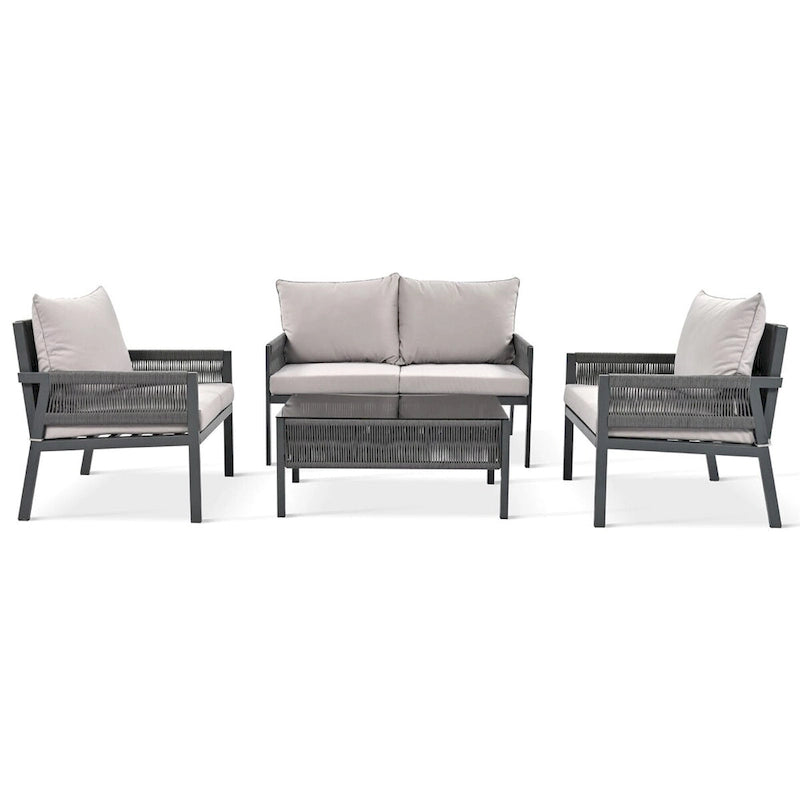 Ensemble de meubles de jardin en corde, mobilier d'extérieur avec table en verre trempé
