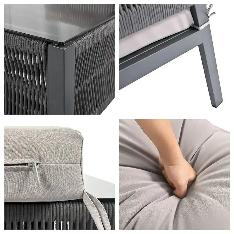 Ensemble de meubles de jardin en corde, mobilier d'extérieur avec table en verre trempé