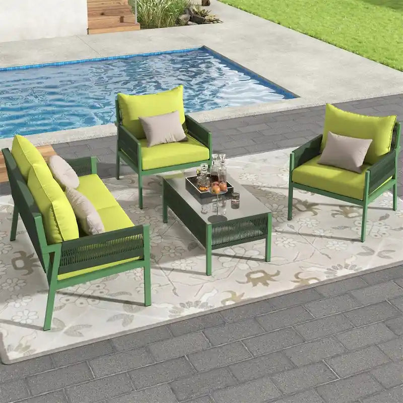 Ensemble de meubles de jardin en corde, mobilier d'extérieur avec table en verre trempé