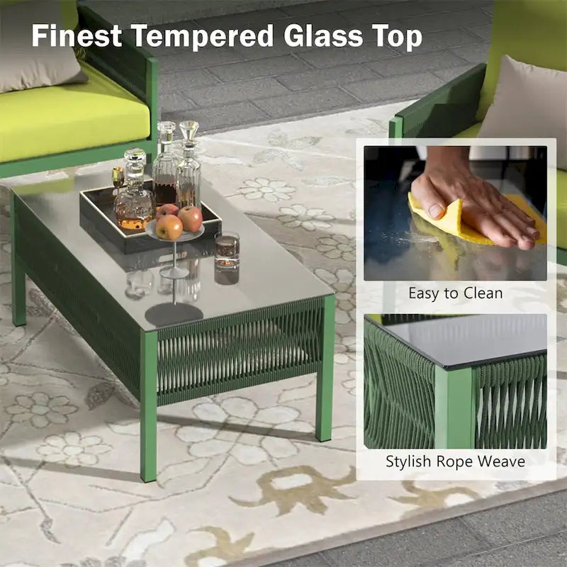 Ensemble de meubles de jardin en corde, mobilier d'extérieur avec table en verre trempé
