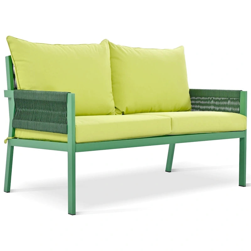 Ensemble de meubles de jardin en corde, mobilier d'extérieur avec table en verre trempé