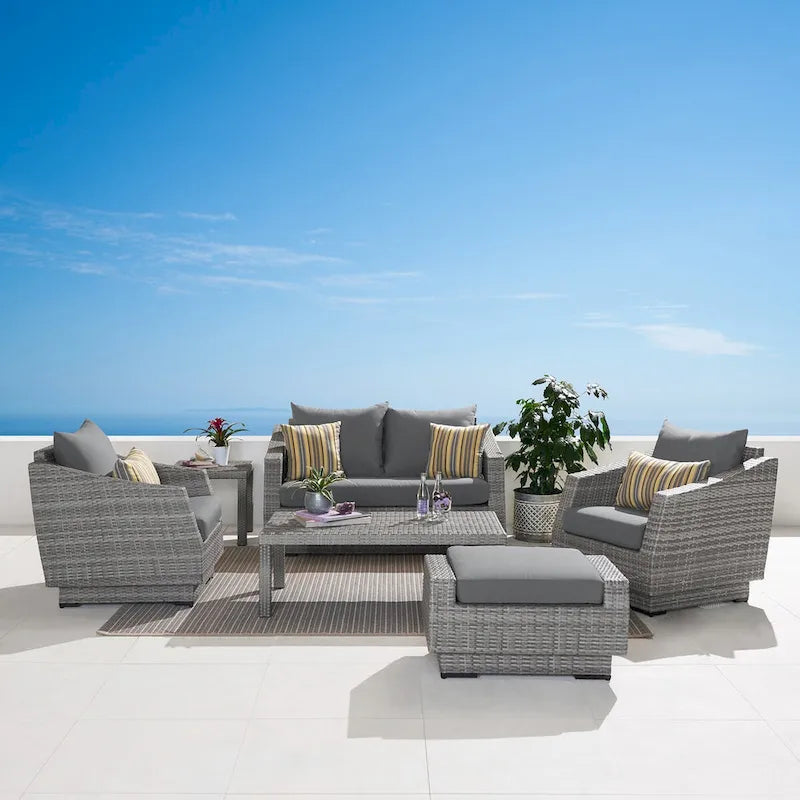 Ensemble de salon de jardin Cannes 6 pièces avec canapé deux places et fauteuils en tissu Sunbrella
