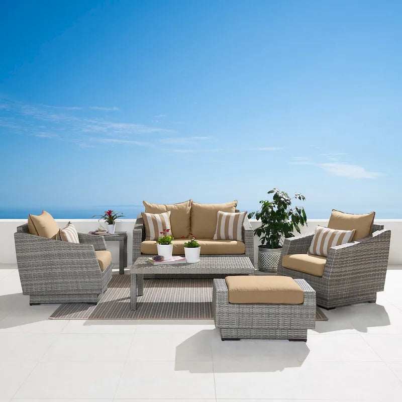 Ensemble de salon de jardin Cannes 6 pièces avec canapé deux places et fauteuils en tissu Sunbrella