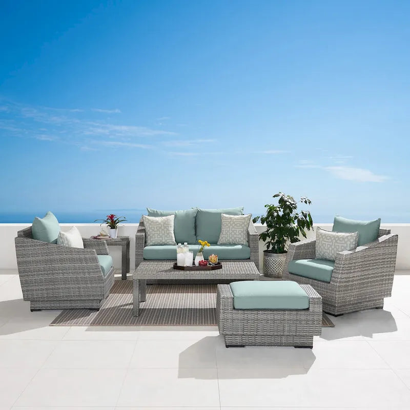 Ensemble de salon de jardin Cannes 6 pièces avec canapé deux places et fauteuils en tissu Sunbrella