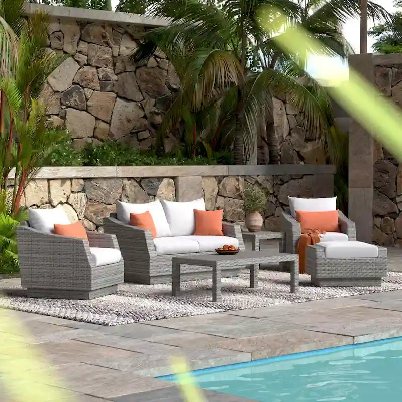 Ensemble de salon de jardin Cannes 6 pièces avec canapé deux places et fauteuils en tissu Sunbrella