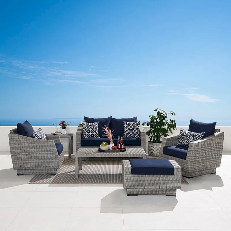 Ensemble de salon de jardin Cannes 6 pièces avec canapé deux places et fauteuils en tissu Sunbrella