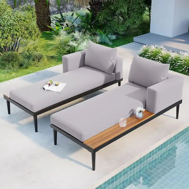 Lit de Repos d'Extérieur Moderne, Lit de Jardin avec Tables d'Appoint en Bois, Transats Rembourrés 2 en 1 pour Piscine, Balcon