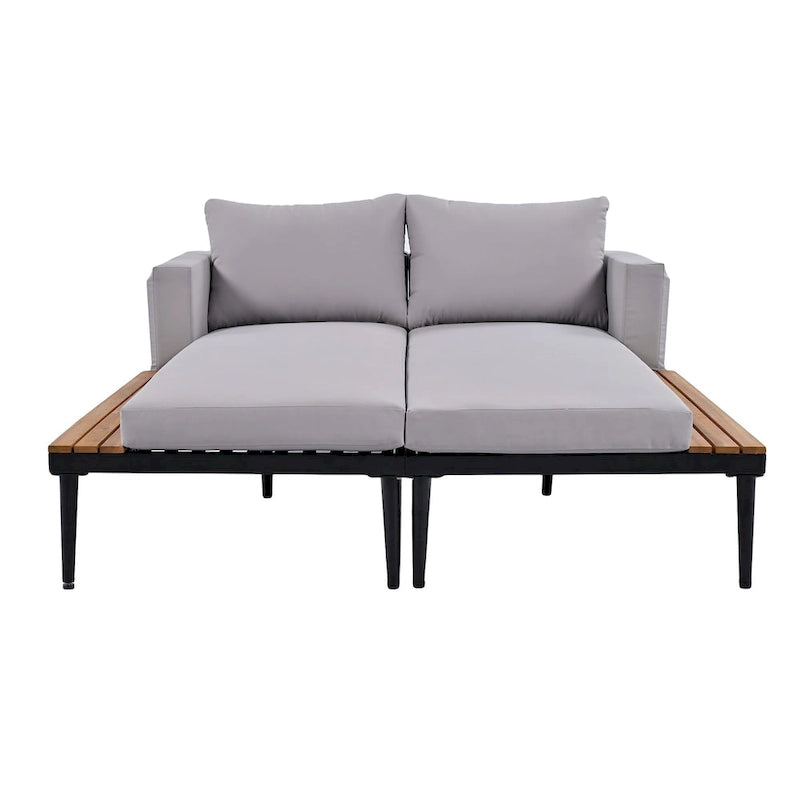 Lit de Repos d'Extérieur Moderne, Lit de Jardin avec Tables d'Appoint en Bois, Transats Rembourrés 2 en 1 pour Piscine, Balcon