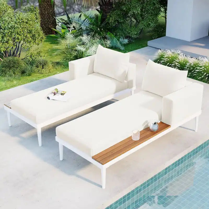 Lit de Repos d'Extérieur Moderne, Lit de Jardin avec Tables d'Appoint en Bois, Transats Rembourrés 2 en 1 pour Piscine, Balcon