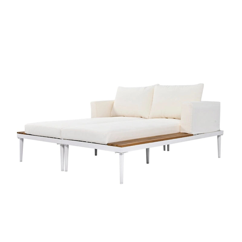 Lit de Repos d'Extérieur Moderne, Lit de Jardin avec Tables d'Appoint en Bois, Transats Rembourrés 2 en 1 pour Piscine, Balcon