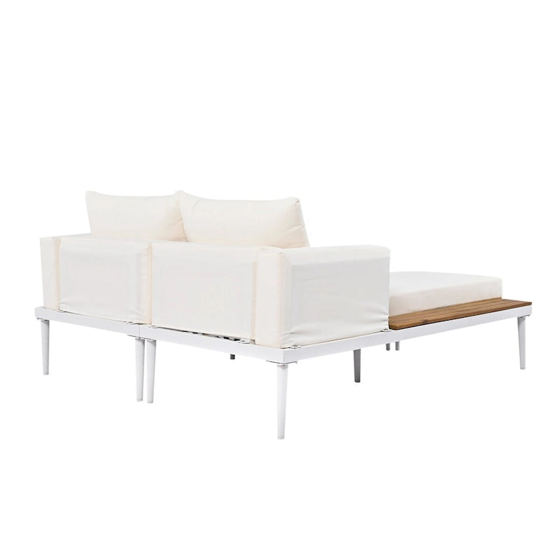 Lit de Repos d'Extérieur Moderne, Lit de Jardin avec Tables d'Appoint en Bois, Transats Rembourrés 2 en 1 pour Piscine, Balcon