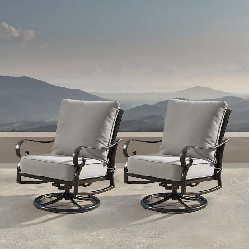 Fauteuils de club pivotants et berçants d'extérieur en aluminium avec coussins épais en polyester gris (finition cuivre antique) (lot de 2)