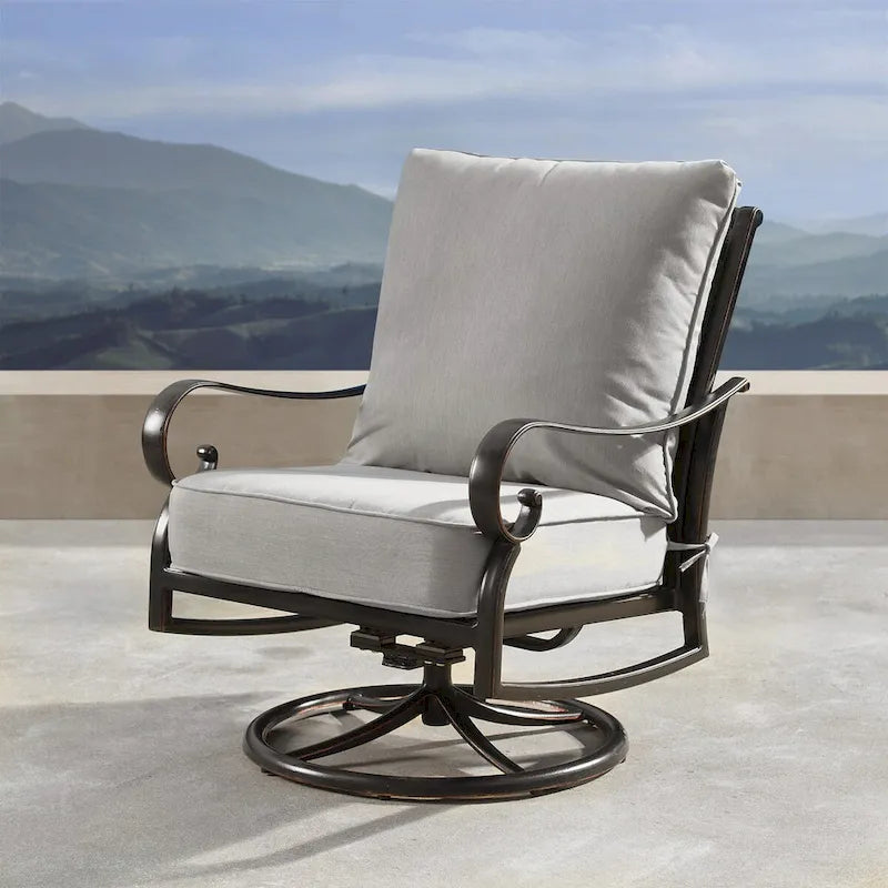 Fauteuils de club pivotants et berçants d'extérieur en aluminium avec coussins épais en polyester gris (finition cuivre antique) (lot de 2)