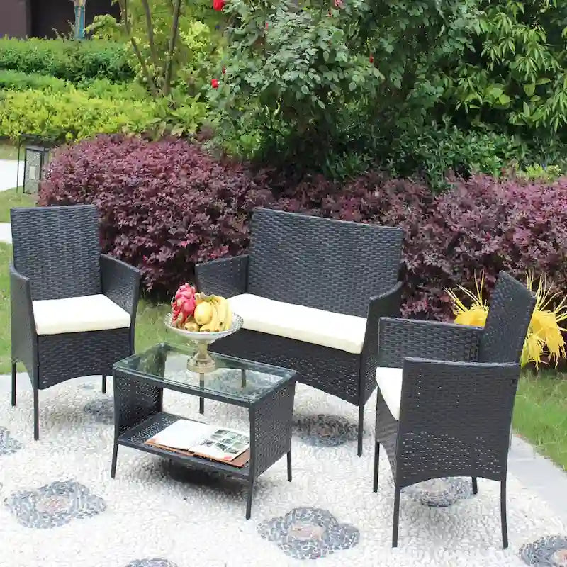 Salon de jardin 4 pièces en rotin pour l'extérieur avec coussins et canapé en osier