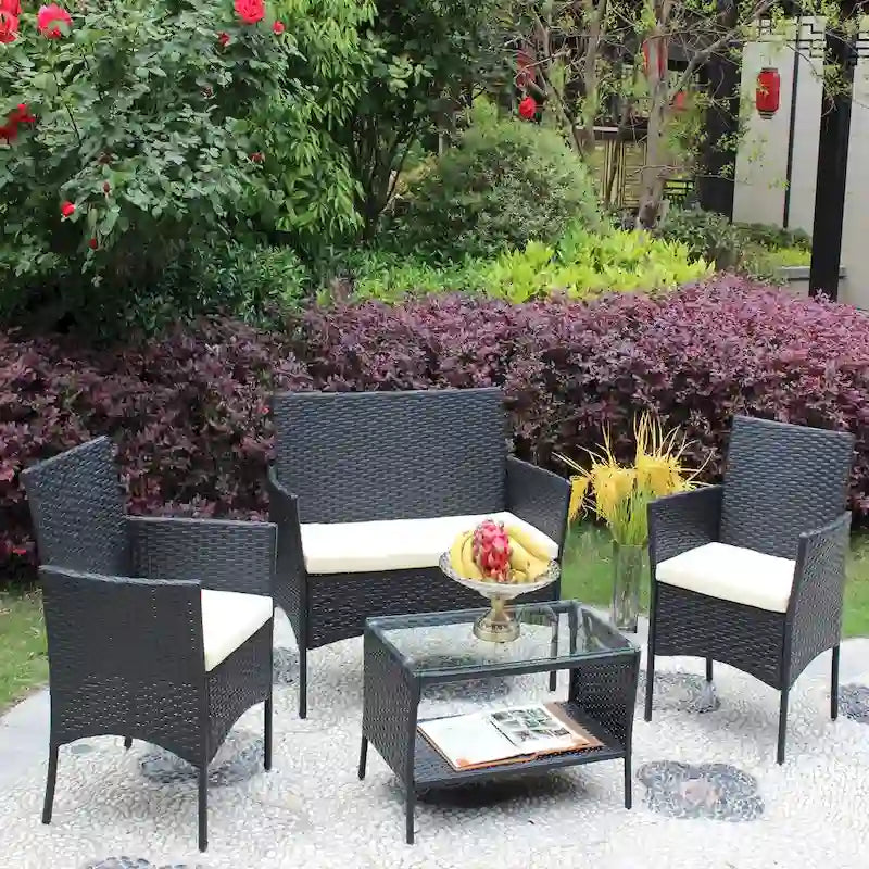 Salon de jardin 4 pièces en rotin pour l'extérieur avec coussins et canapé en osier