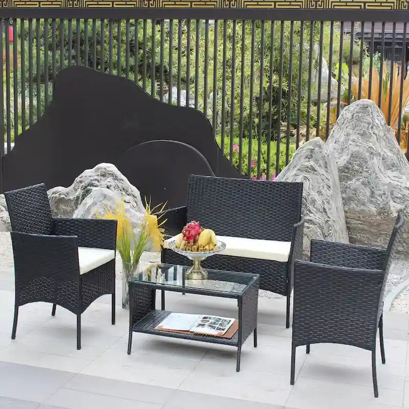 Salon de jardin 4 pièces en rotin pour l'extérieur avec coussins et canapé en osier