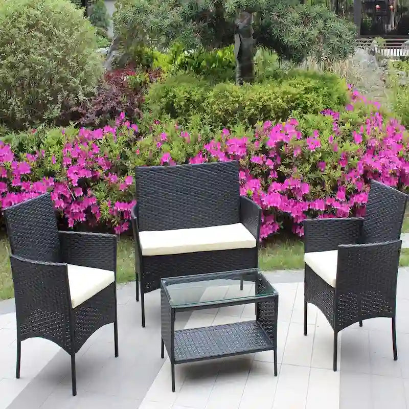 Salon de jardin 4 pièces en rotin pour l'extérieur avec coussins et canapé en osier