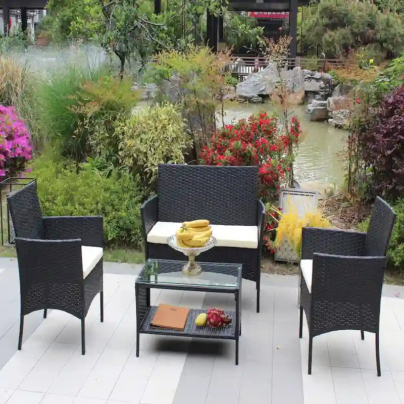 Salon de jardin 4 pièces en rotin pour l'extérieur avec coussins et canapé en osier