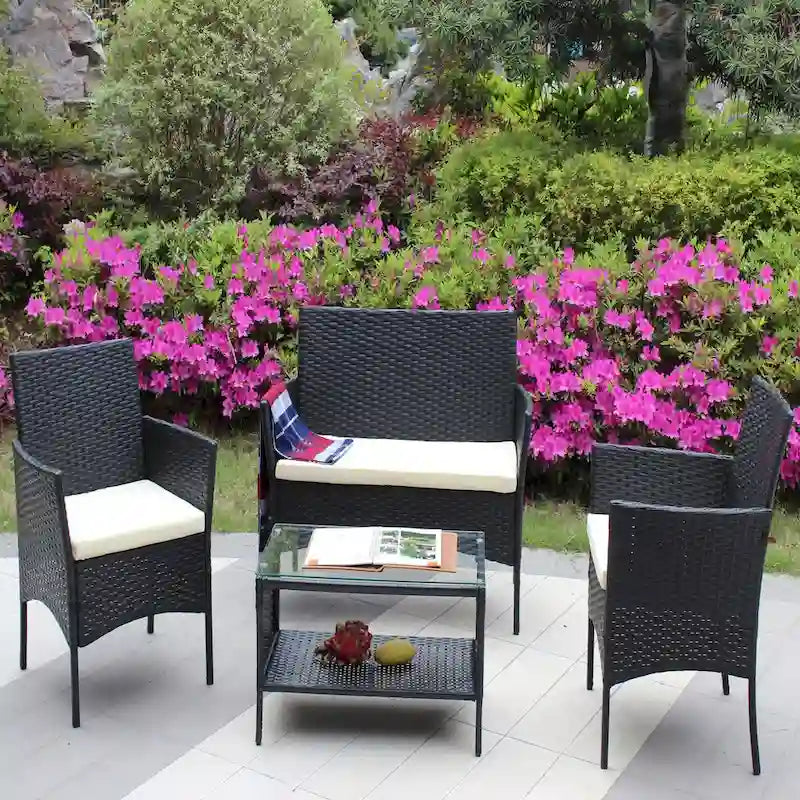 Salon de jardin 4 pièces en rotin pour l'extérieur avec coussins et canapé en osier