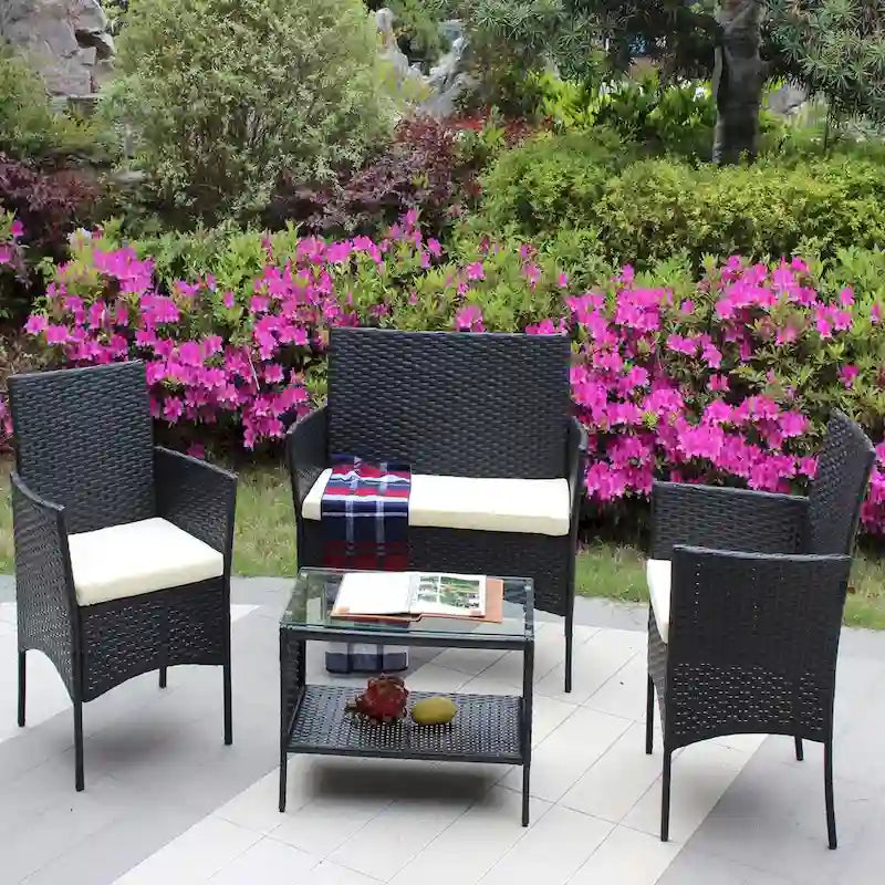 Salon de jardin 4 pièces en rotin pour l'extérieur avec coussins et canapé en osier