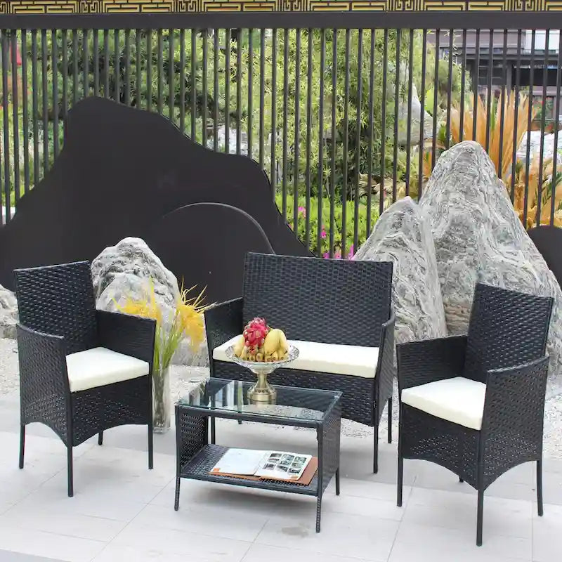 Salon de jardin 4 pièces en rotin pour l'extérieur avec coussins et canapé en osier