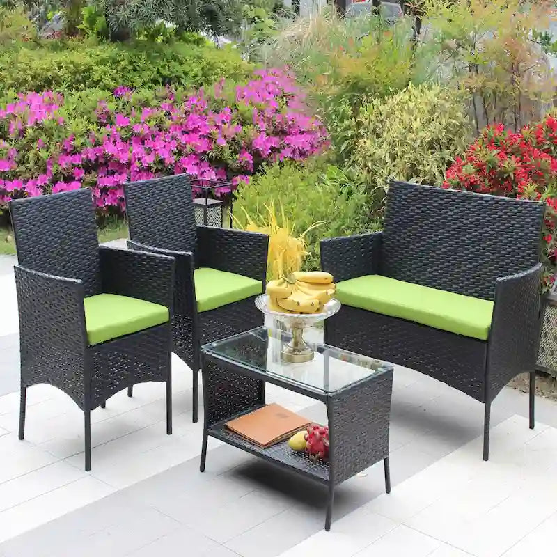 Salon de jardin 4 pièces en rotin pour l'extérieur avec coussins et canapé en osier